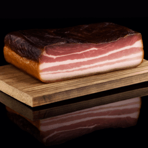 ALMGOLD Bauchspeck roh – fein marmoriert, mild über Buchenholz geräuchert & luftgetrocknet auf einem Holzbrett präsentiert