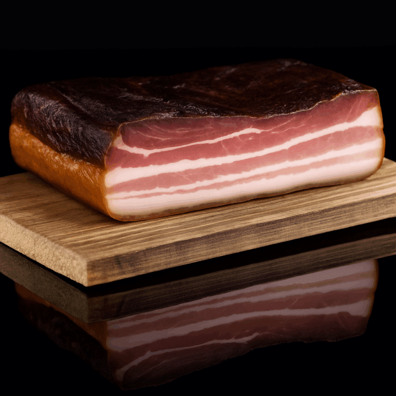ALMGOLD Bauchspeck roh – fein marmoriert, mild über Buchenholz geräuchert & luftgetrocknet auf einem Holzbrett präsentiert