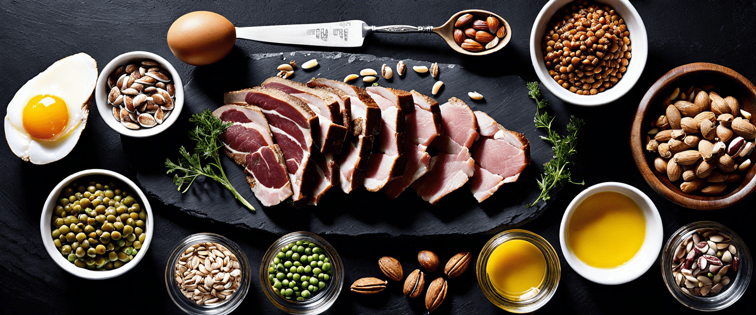 Eier Fleisch Nüsse und Sonnenblumenkerne auf einer Schieferplatte serviert