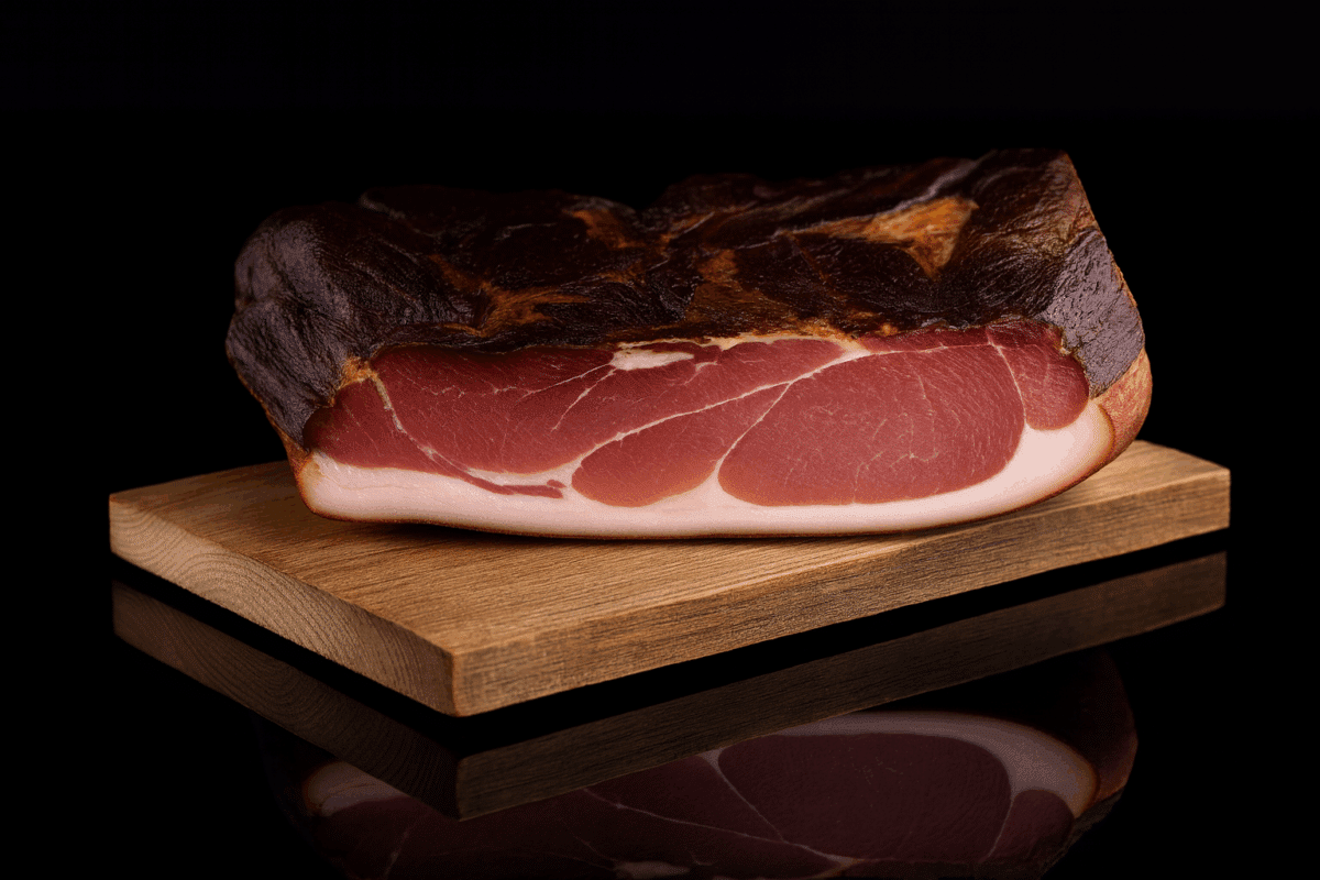 Österreichischer Schinkenspeck – saftiges Stück traditionell geräucherter Speck mit dunkler Kruste und zart marmoriertem Fleisch, angerichtet auf rustikalem Holzbrett vor schwarzem Hintergrund.