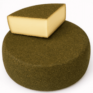 Almblütenkäse von Almgold – runder Käselaib mit aromatischer Kräuter- und Blütenrinde, angeschnittenes Stück zeigt den hellgelben, cremigen Teig auf weißem Hintergrund.