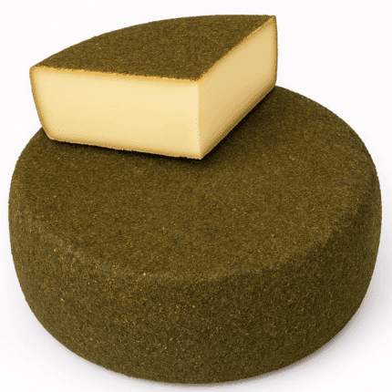 Almblütenkäse von Almgold – runder Käselaib mit aromatischer Kräuter- und Blütenrinde, angeschnittenes Stück zeigt den hellgelben, cremigen Teig auf weißem Hintergrund.