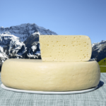 Rässkäse nass ganz und geviertelt vor einer Alpenlandschaft in Vorarlberg