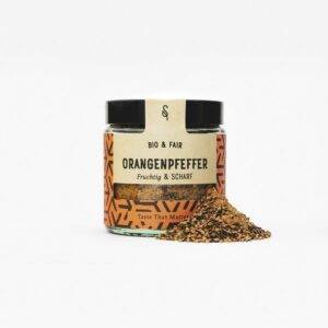 BIO Orangenpfeffer – fruchtig-edle Pfeffermischung mit Orangenschale und schwarzem Pfeffer, vegan und ohne Zusatzstoffe im Aromaglas