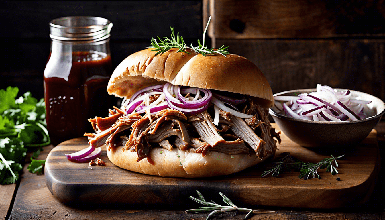 Pulled Pork in einem Burgerbun in rustikaler Umgebung