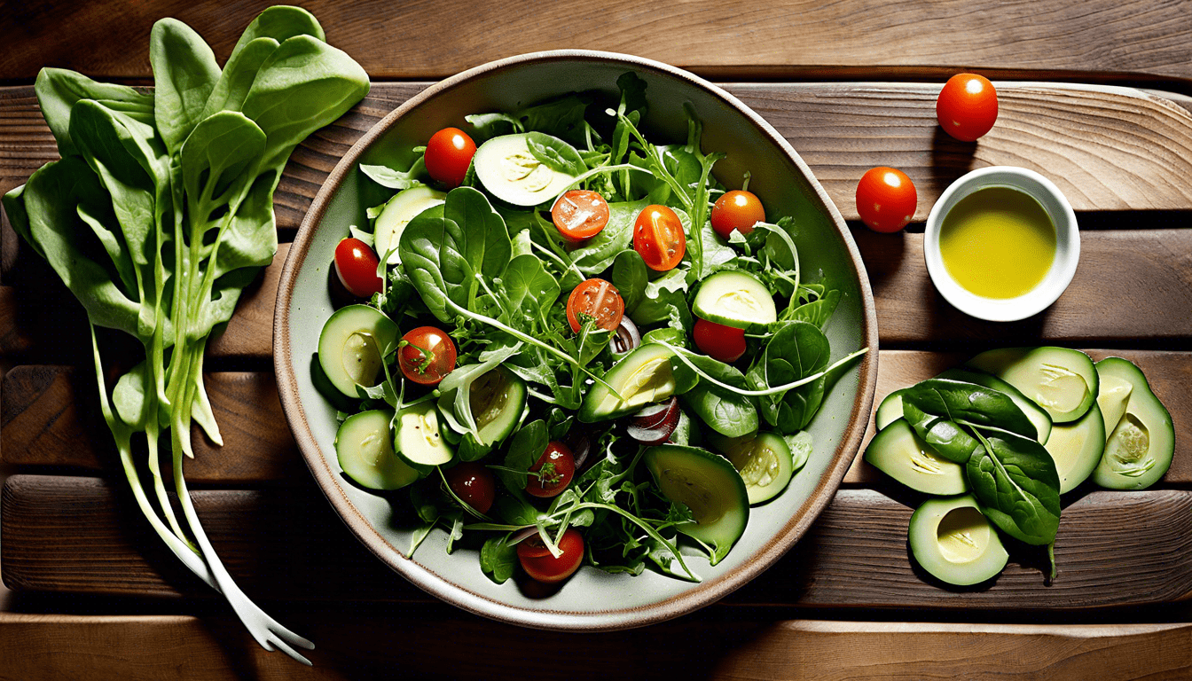 Salat fertig angerichtet auf einem schönen Teller auf einem Holztisch