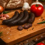 Rustikale Hüttenwurzen aus reinem Rindfleisch, Speisesalz, Knoblauch und Pfeffer, appetitlich angerichtet auf einem Holzbrett mit Brot, Knoblauch und Gewürzen.