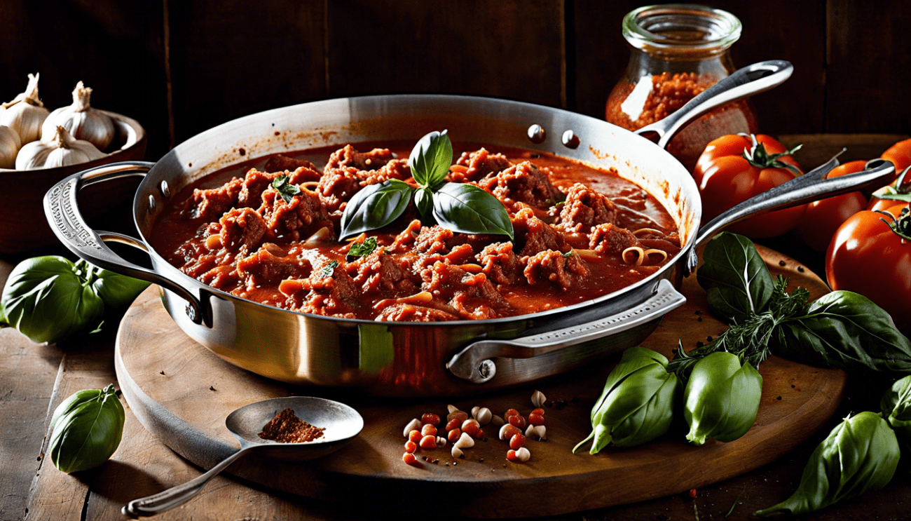 Sauce Bolognese in einer Eisenpfanne in rustikaler Umgebung