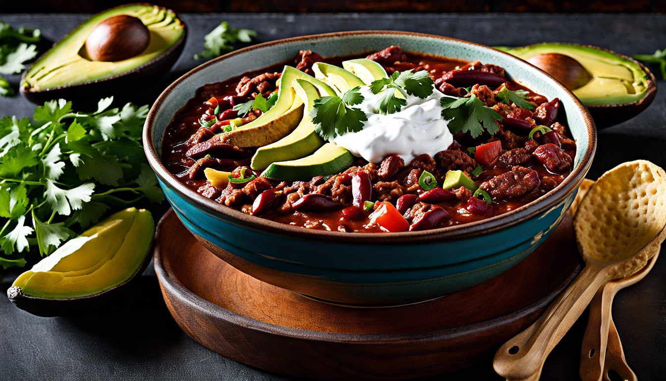 Chili sin Carne in einer dekorativen kleinen Suppenschüssel mit Avocado dekoriert