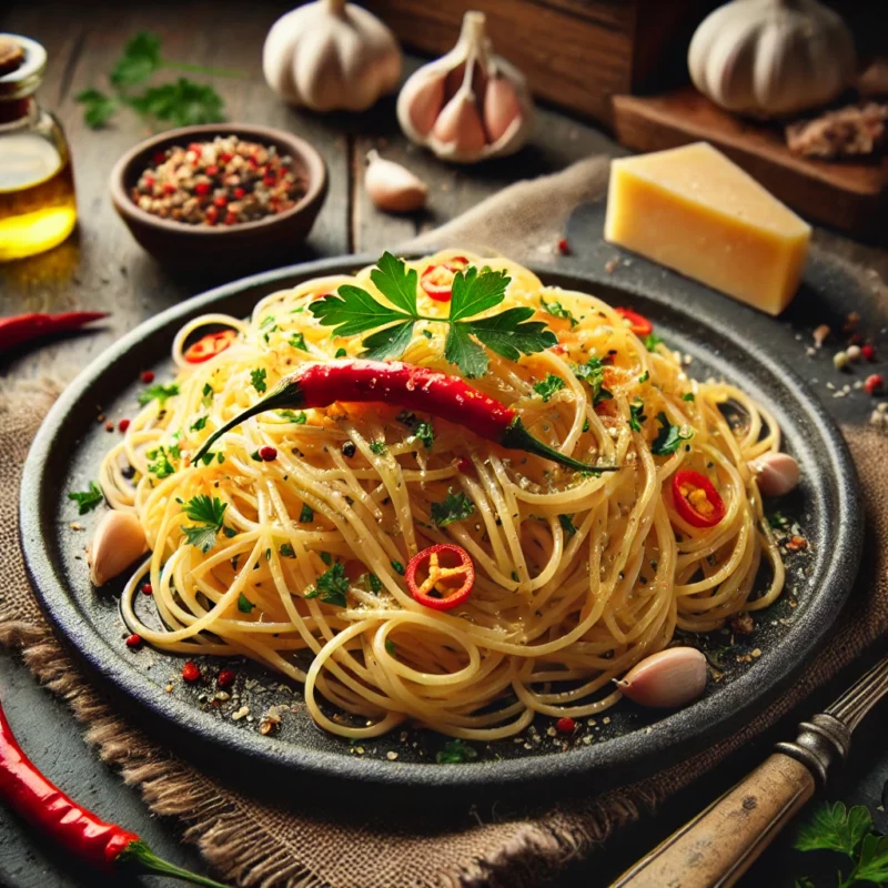 Spaghetti Aglio e Olio auf einem Schieferteller serviert.