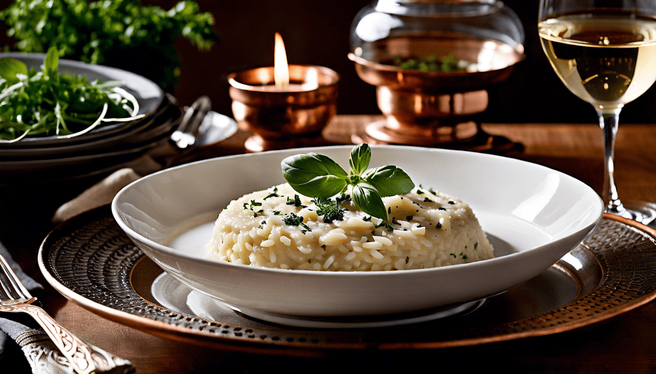 Klassisches italienisches Risotto auf einem weißen Teller serviert mit Kerze und Weißwein dekoriert