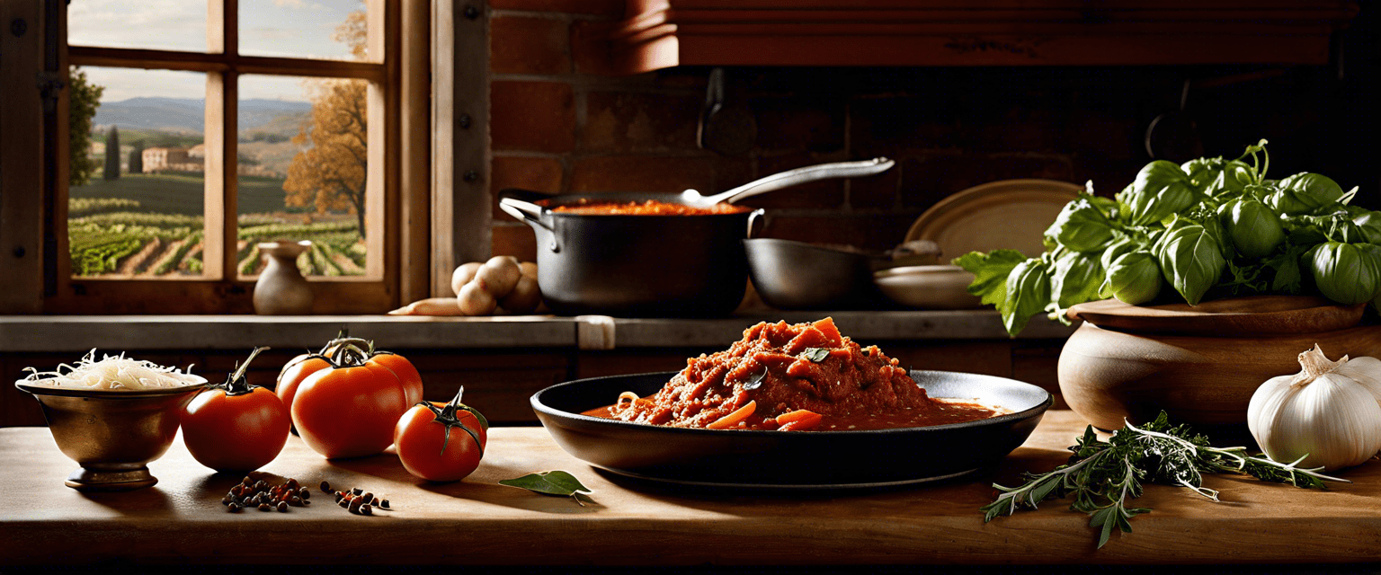 Sauce Bolognese in einer Edelstahlpfanne mit rustikalem HIntergrund