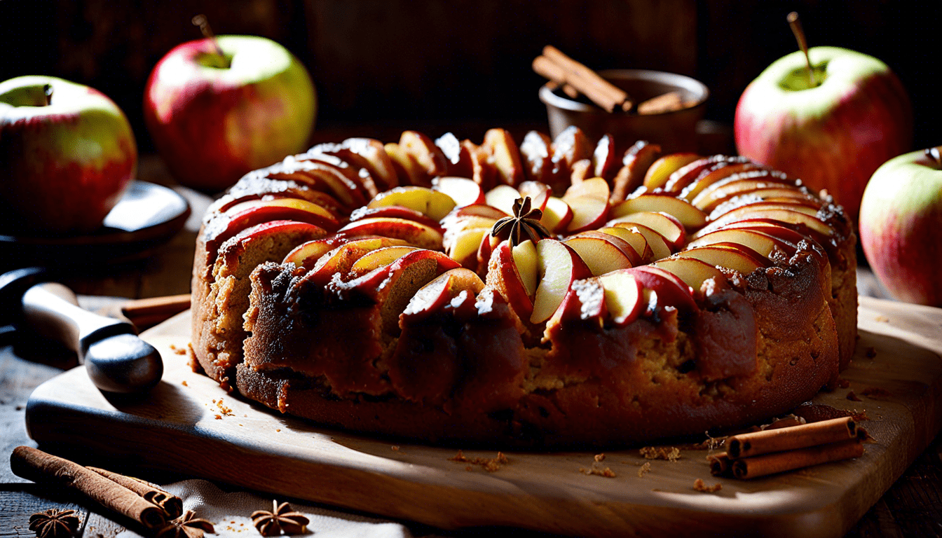 Apfelkuchen mit Zimtkruste auf einem Holzbrett mit Äpfeln umgeben