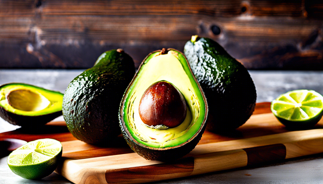 Avocado aufgeschnitten und ganz auf einem Holzbrett