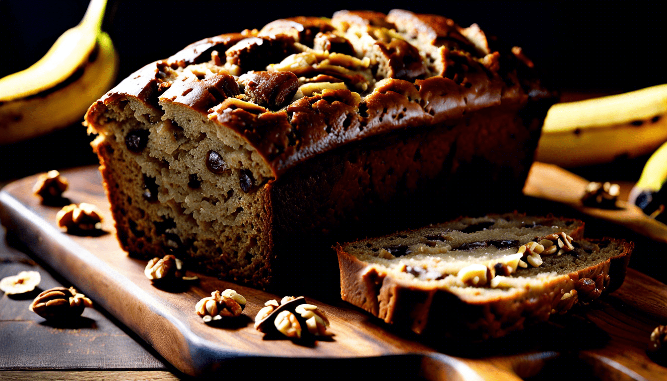 leckeres Bananenbrot mit Walnüssen auf einem Holzbrett serviert