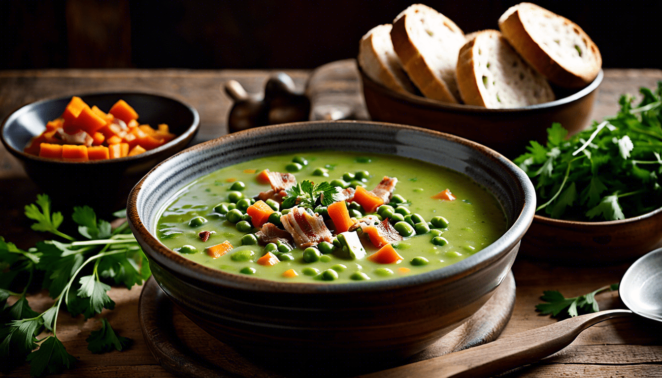 Erbsensuppe mit Karotten und Brot