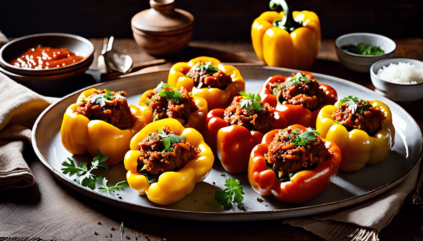 gefüllte Paprika mit Hackfleisch-Reis-Füllung auf einem großen Teller serviert