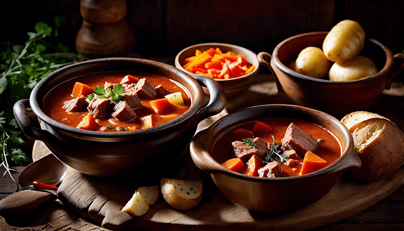 herzhafte Gulaschsuppe in 2 Schüsseln und Dekoration in rustikalem Umfeld