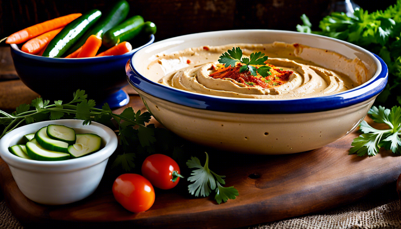 Zubereiteter Hummus mit Gemüse dekoriert auf einer Holzplatte