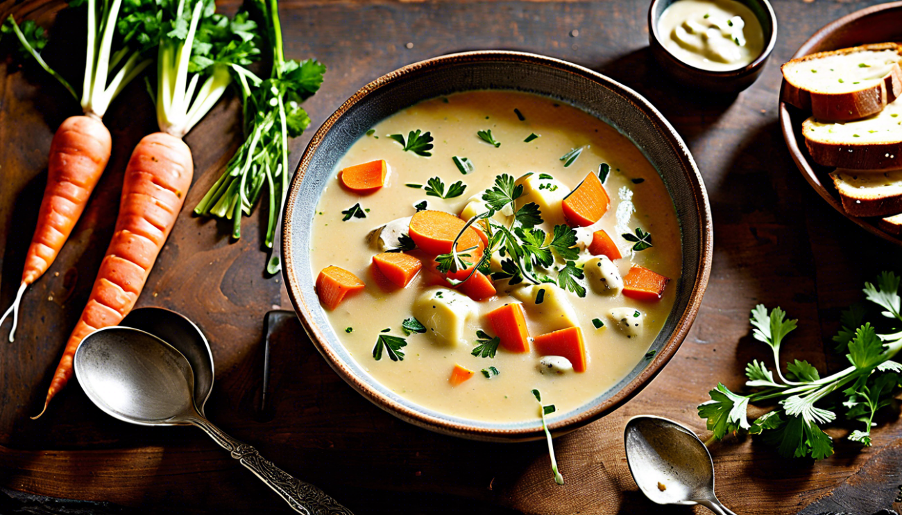 Kartoffelsuppe mit Gemüse in einen Pot und Gemüsedekoration