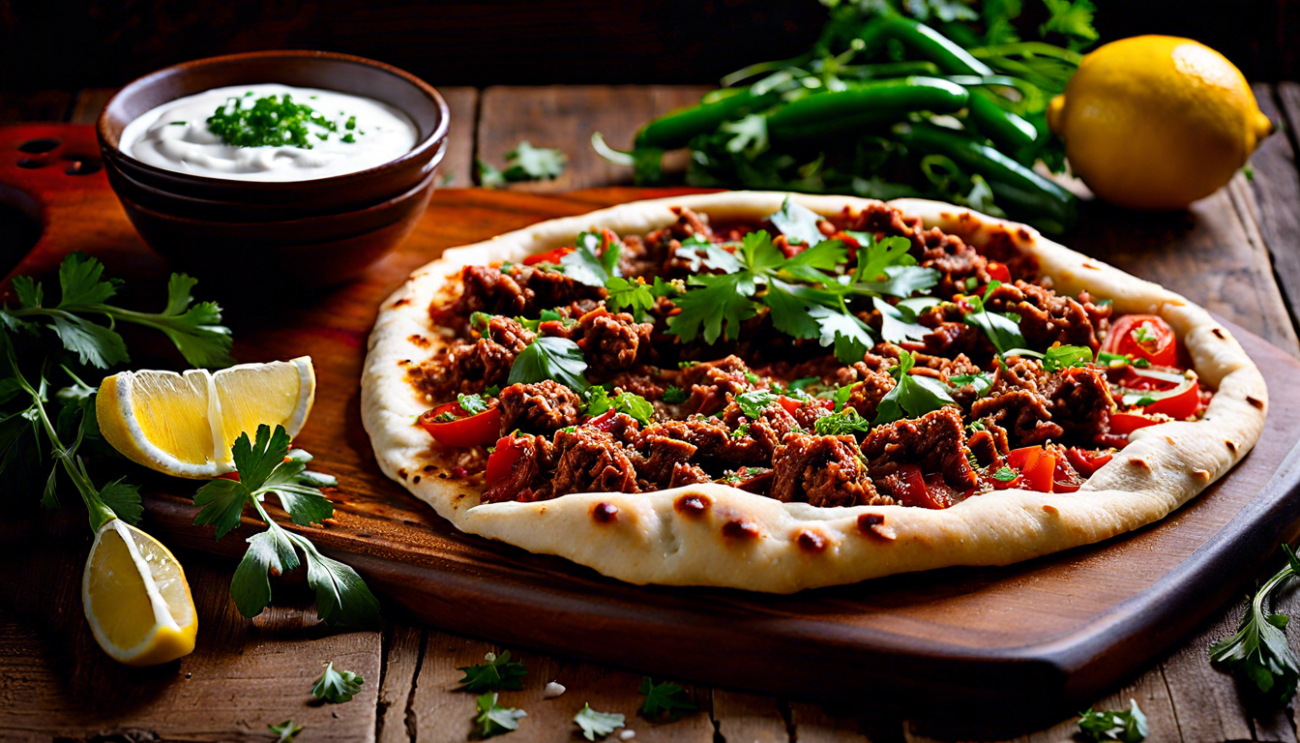 knusprige Lahmacun - türkische Pizza - auf einem Holzbrett serviert