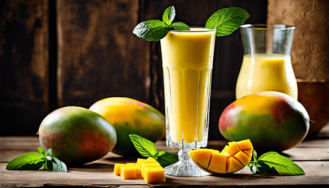 Mango Lassi mit Mangos dekoriert und Minze auf einem Holztisch serviert