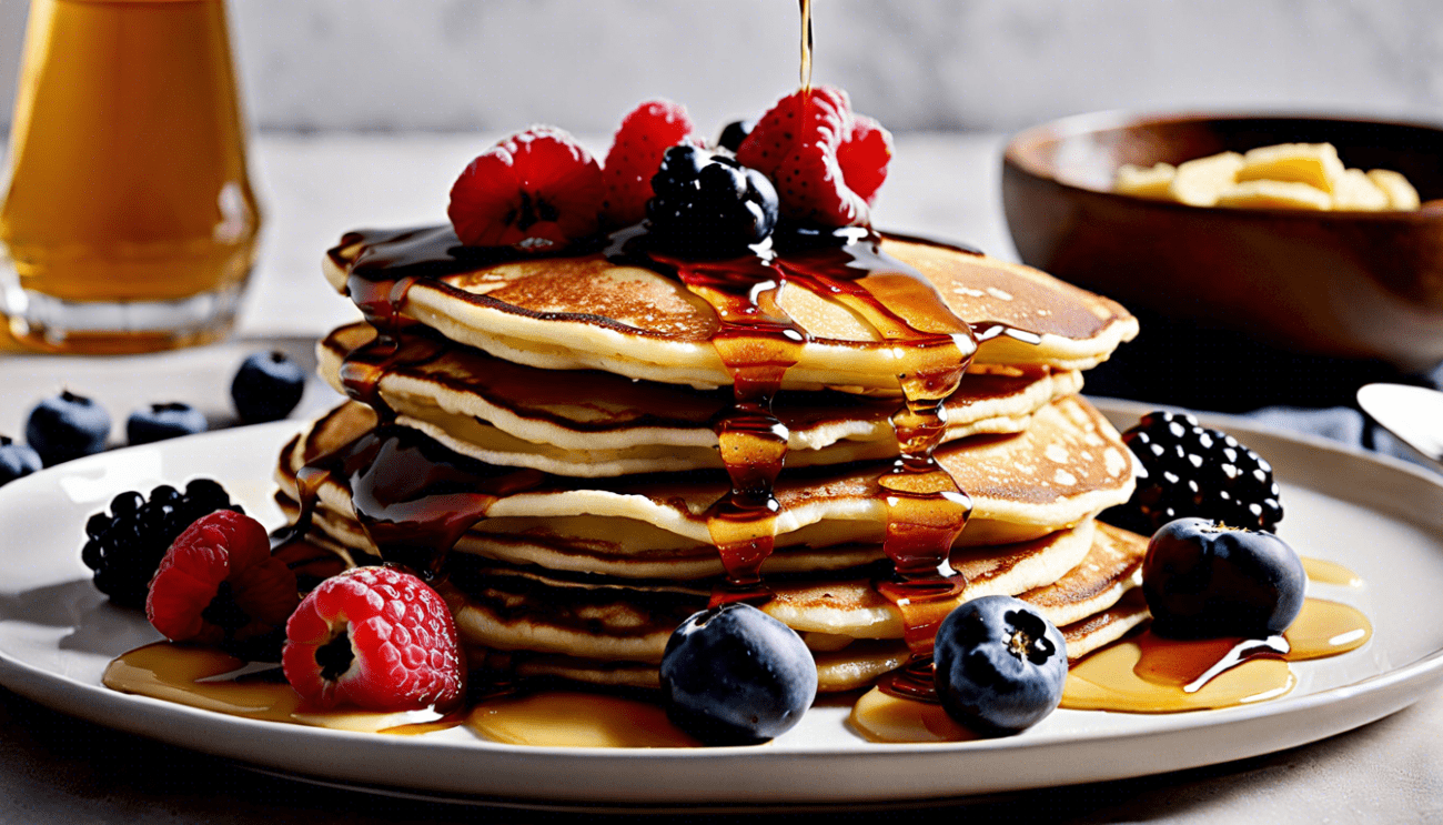 Pfannkuchen mit Ahornsirup und Früchten auf weißem Teller