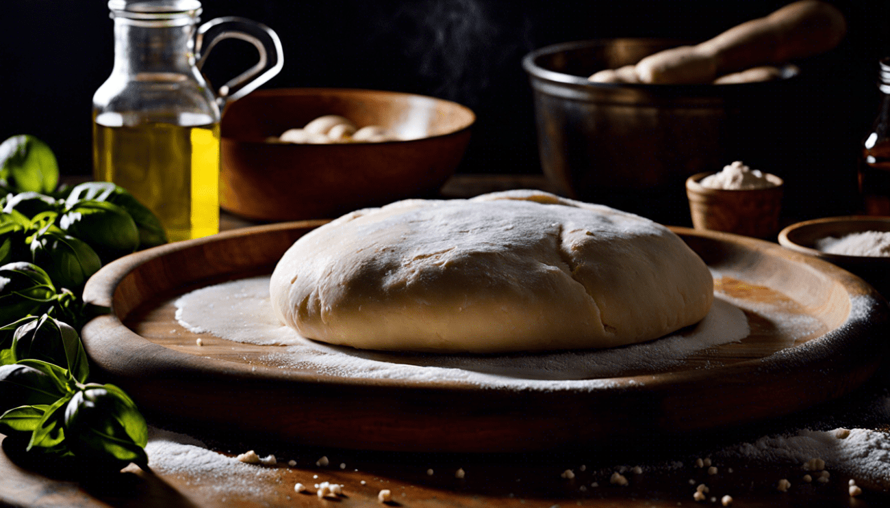 Perfekter Pizzateig auf einem Holzbrett für die beste Pizza der Welt