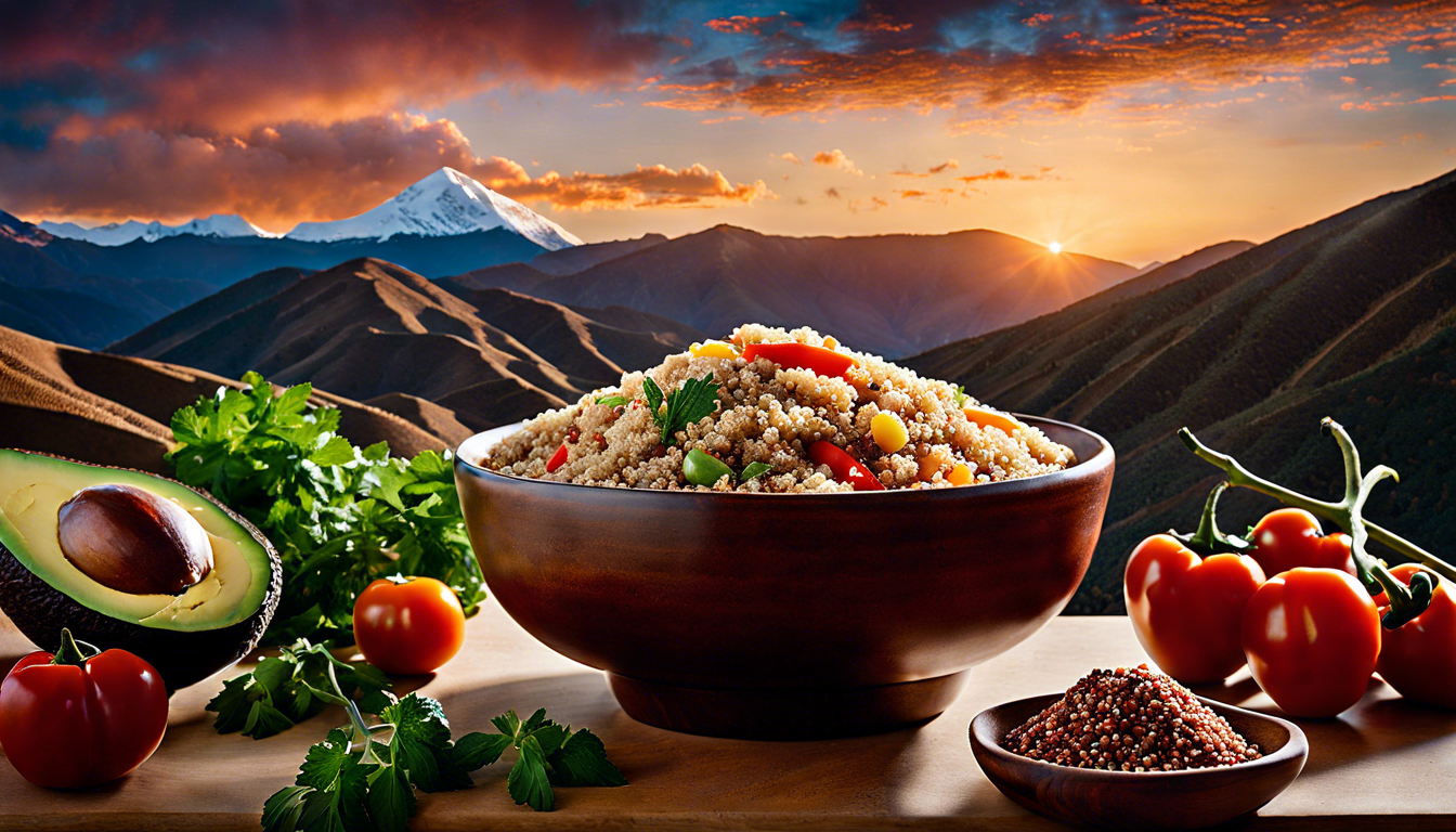 Quinoa in einem Bowl und Andenlandschaft im Hintergrund