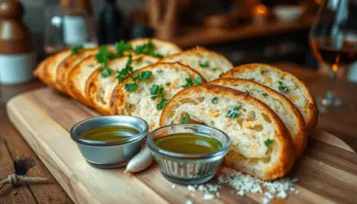 Knuspriges Knoblauchbrot mit Petersilie garniert auf einem Holztisch