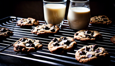 knusprige Cookies auf einem Backrost mit 2 Gläsern Milch dekoriert