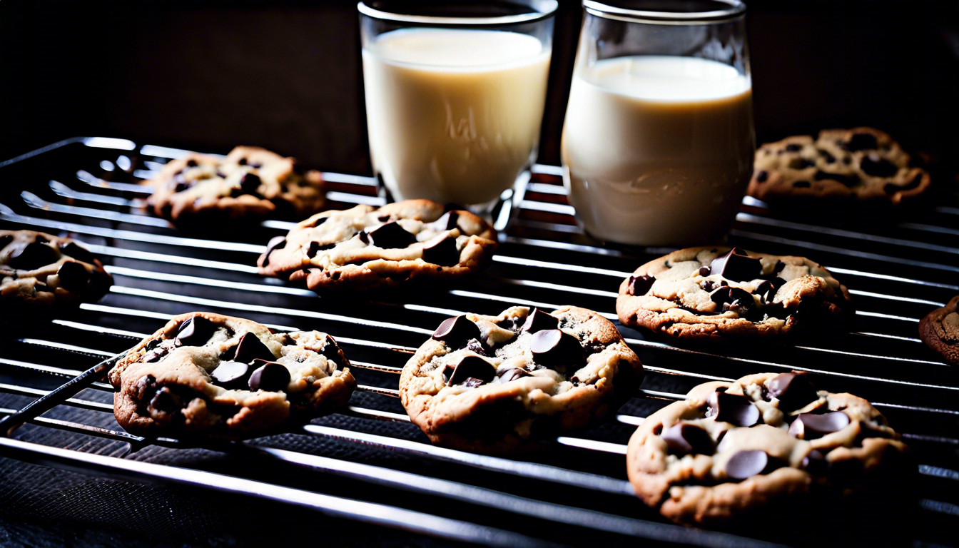 knusprige Cookies auf einem Backrost mit 2 Gläsern Milch dekoriert