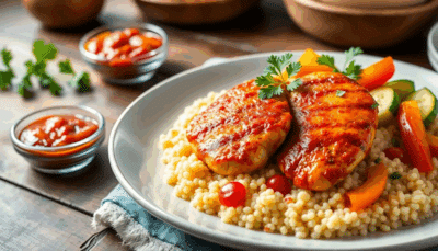 Harissa-Hähnchen mit Couscous – goldbraun gebratene Hähnchenbrust, mariniert in Bio Harissa, serviert auf fluffigem Couscous mit Gemüse und frischer Petersilie.