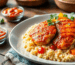 Harissa-Hähnchen mit Couscous – goldbraun gebratene Hähnchenbrust, mariniert in Bio Harissa, serviert auf fluffigem Couscous mit Gemüse und frischer Petersilie.