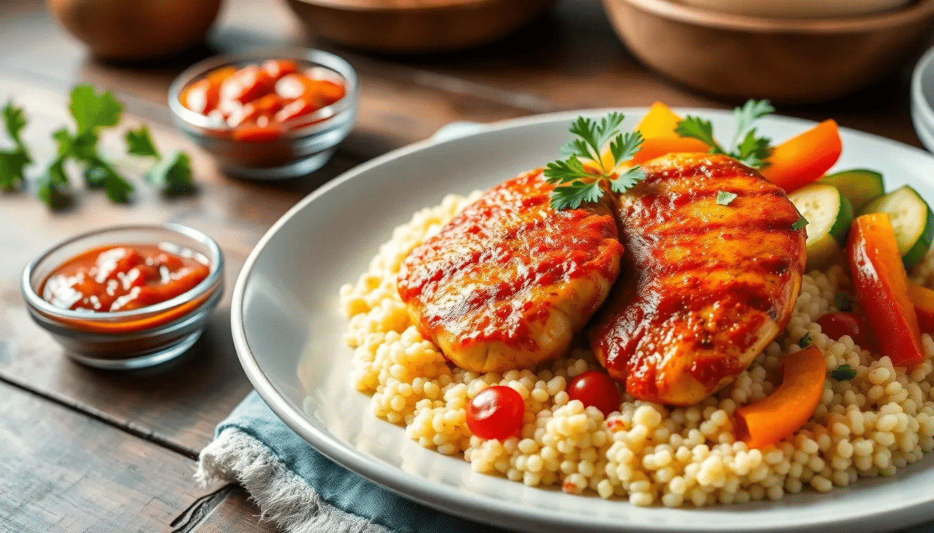 Harissa-Hähnchen mit Couscous – goldbraun gebratene Hähnchenbrust, mariniert in Bio Harissa, serviert auf fluffigem Couscous mit Gemüse und frischer Petersilie.