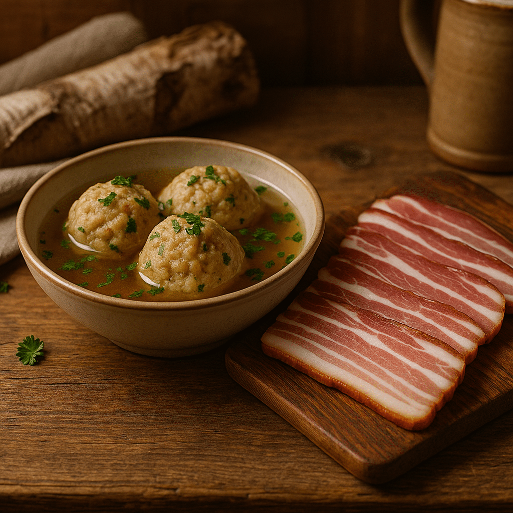 Tiroler Speckknödel im Suppentopf mit ALMGOLD Bauchspeck roh